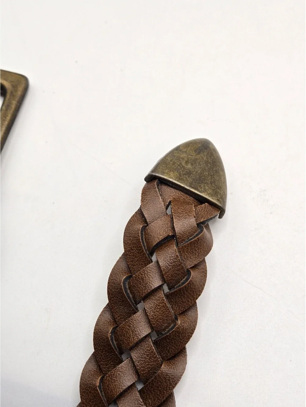 Brown Braided Leather Belt Weathered Brass Buckle Western Boho Sz 32